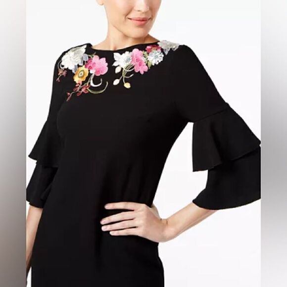 Trina Turk Sz 4 Embroidered Florals Black Lined Dress Tiered Flared 3/4 Sleeves - Picture 3 of 7